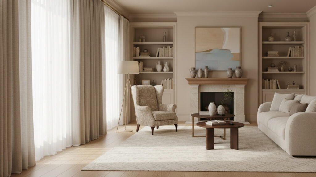 Beige Living Room with Minimal Styling for Timeless and Elegant Look