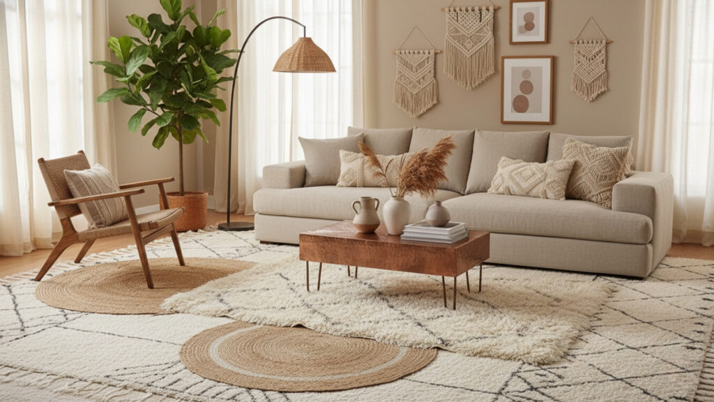 Beige Living Room with Layered Rugs for Depth and Comfort Style