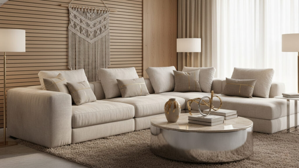 Beige Living Room with Metallic Touches for Modern Elegance