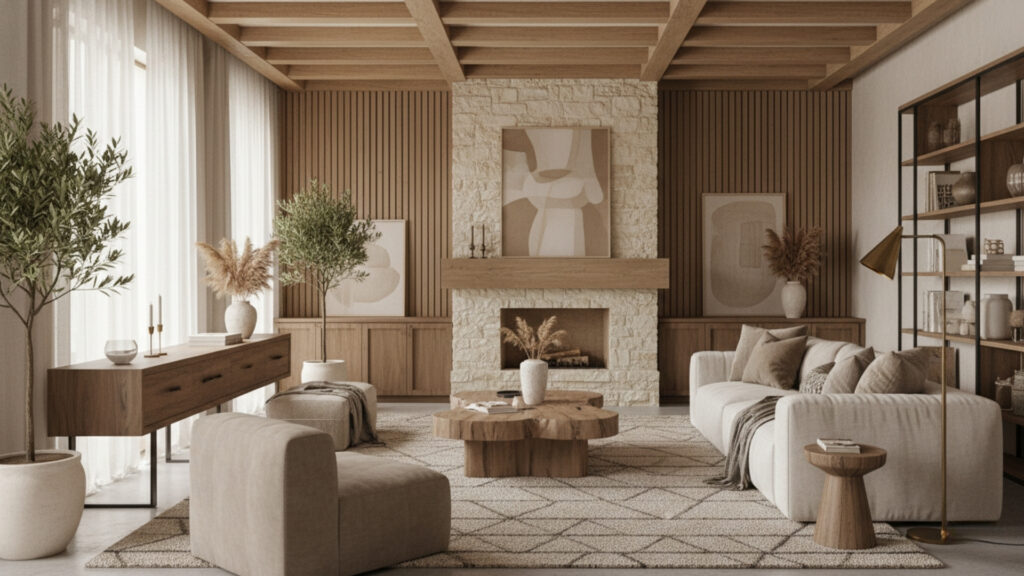 Beige Living Room with Mixed Materials for Rich Textured Design
