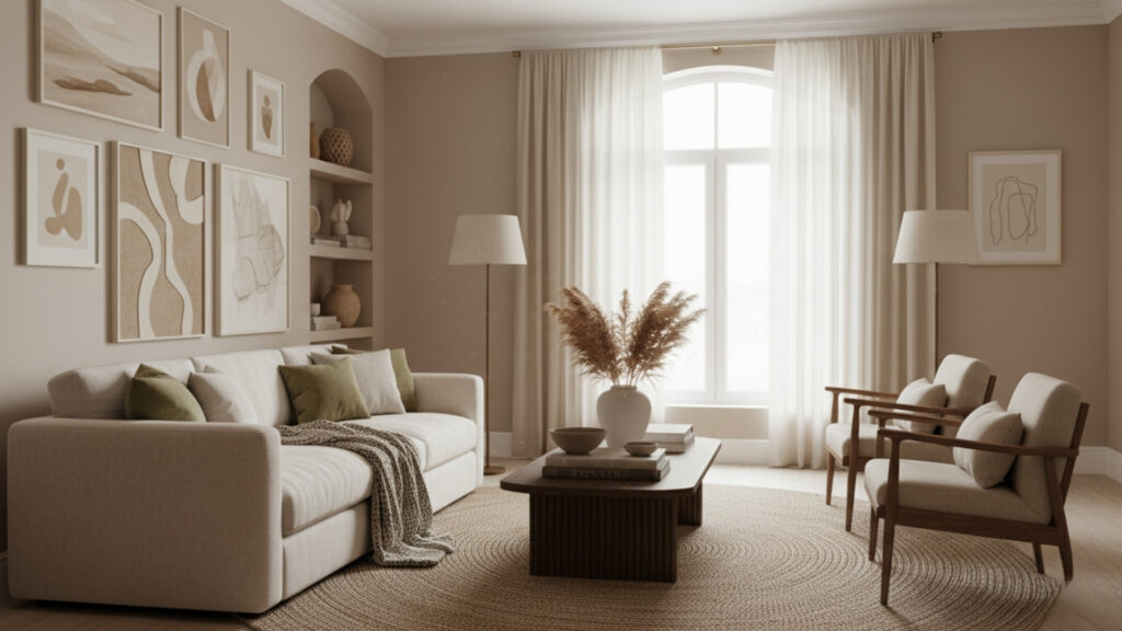 Beige Living Room with Neutral Artwork for Subtle Visual Interest