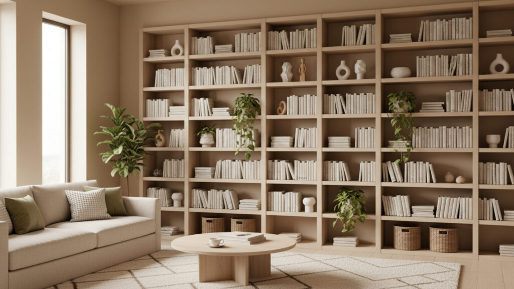 Beige Living Room with Open Shelving for Stylish Storage Display