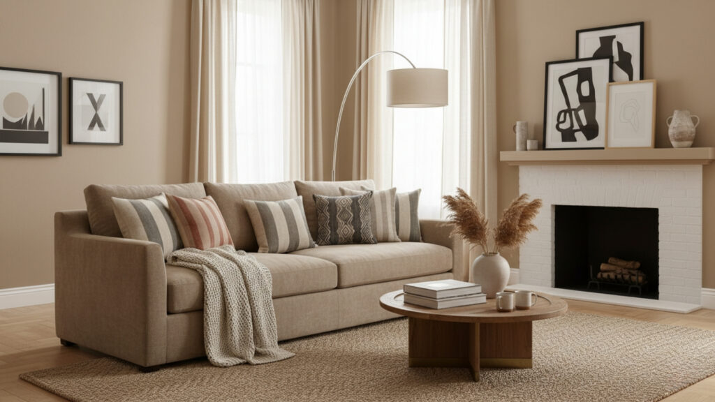Beige Living Room with Patterned Cushions for Subtle Design Interest