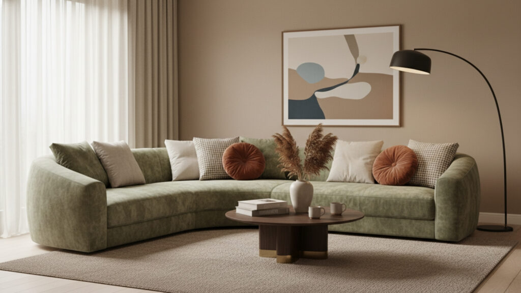 Beige Living Room with Statement Sofa for Bold and Stylish Look