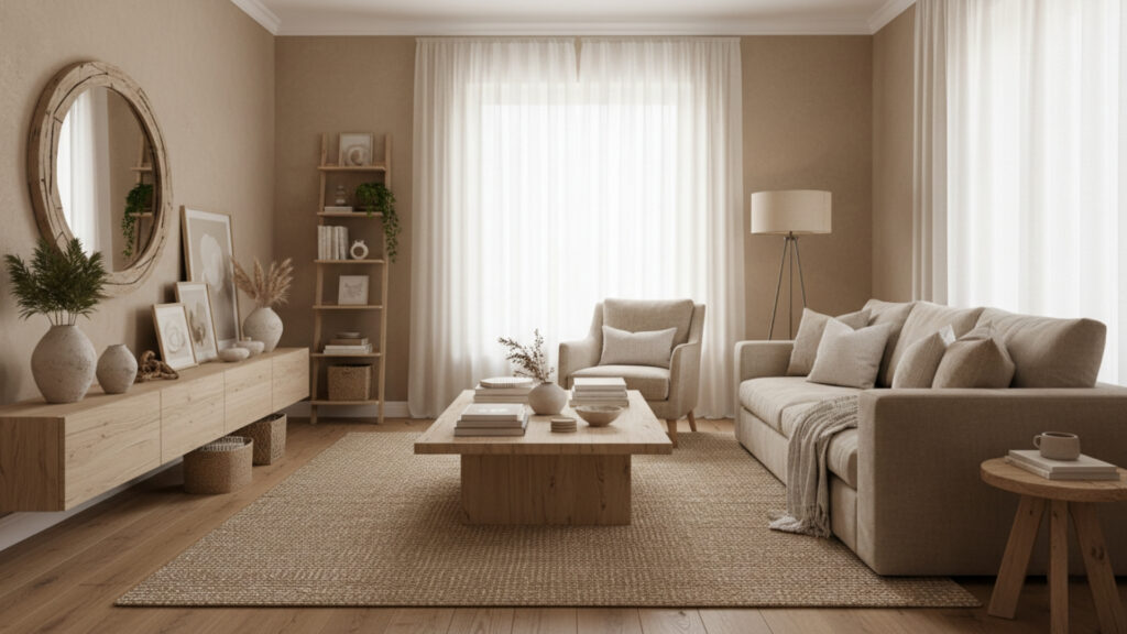 Beige Living Room with Wooden Accents for Natural Warmth Style