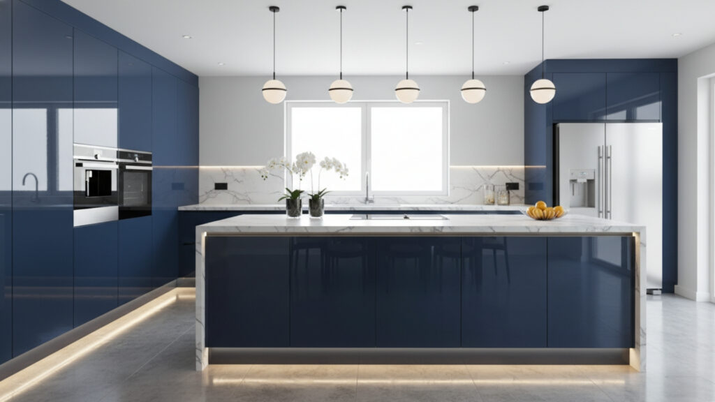 Blue Glossy Kitchen Cabinets Ideas for Bright High Shine Elegance