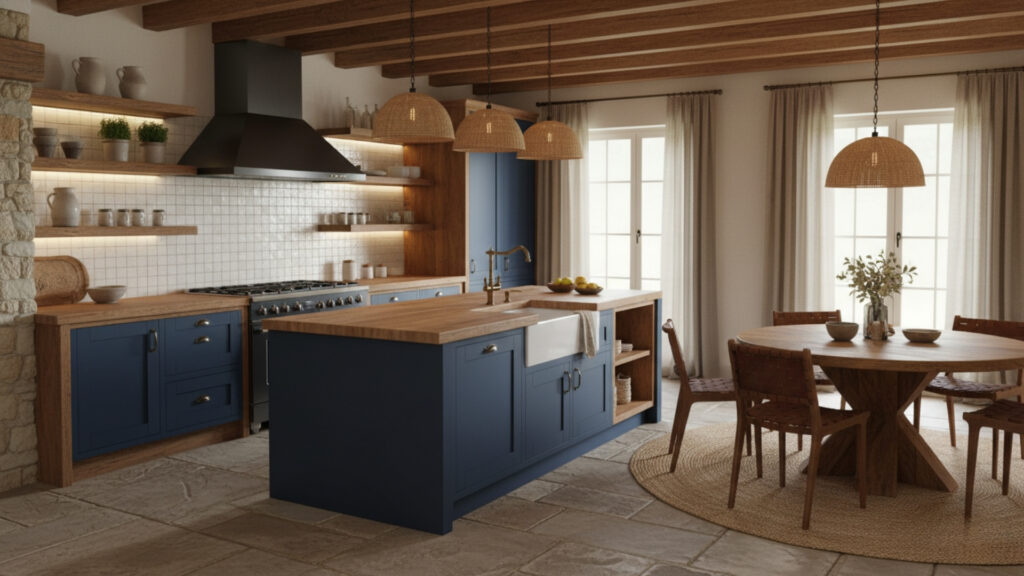 Blue Kitchen Cabinets with Wood Countertops Ideas for Natural Balance