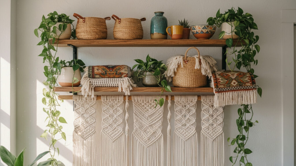 Boho-Inspired Floating Shelf Styling for Eclectic and Cozy Appeal