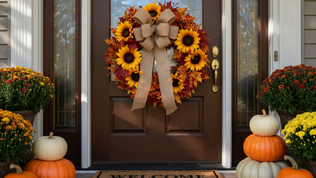 Bright Sunflower Fall Wreath Ideas for Warm Entryway Decor