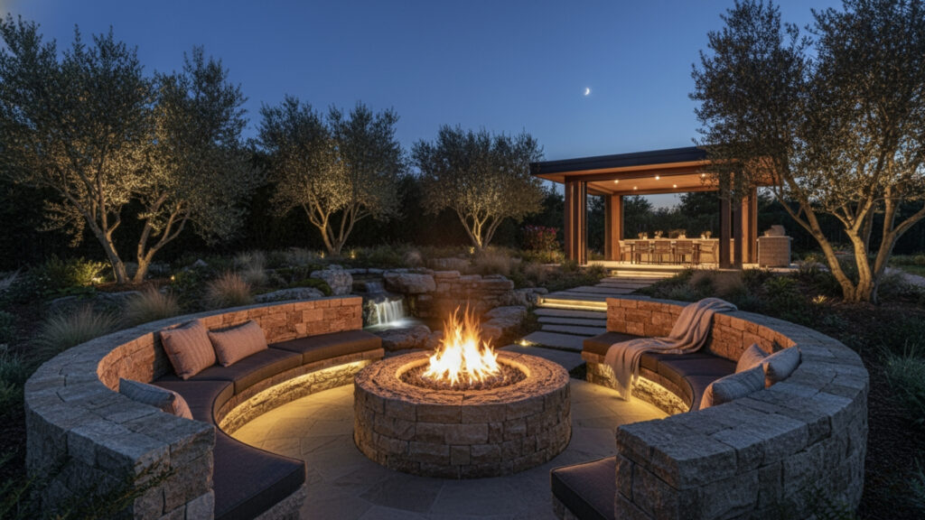 Built-in Stone Seating for Permanent Fire Pit Setup Design