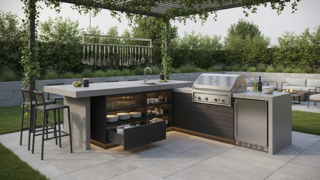 Built-In Storage Cabinets for Organized Outdoor Kitchen Space
