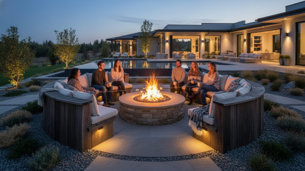 Circular Bench Seating Around Fire Pit for Balanced Layout Design
