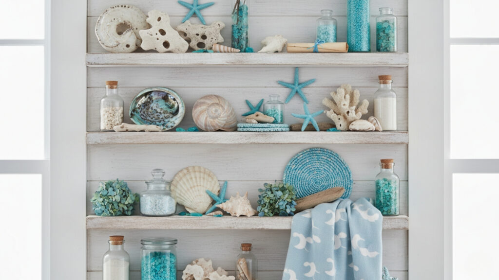 Coastal-Themed Floating Shelf Decor for a Beachy and Relaxing Feel