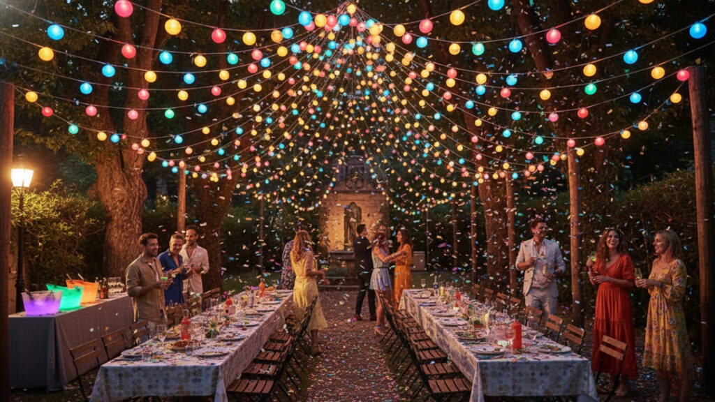 Colorful String Lights Design for a Fun and Festive Outdoor Mood
