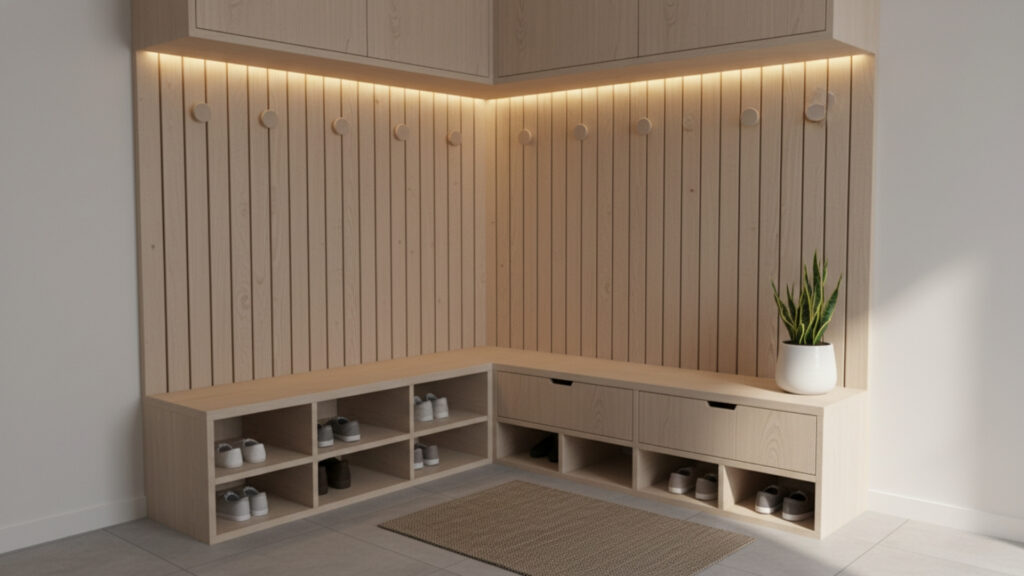 Corner Mudroom Bench Ideas for Space Saving Entryway Layout