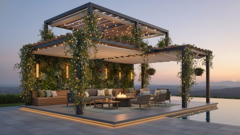 Corner Pergola Layered Design Ideas for Complete Outdoor Setup