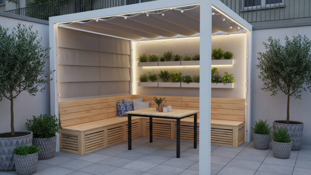 Corner Pergola with Built-In Bench Seating for Space Efficiency