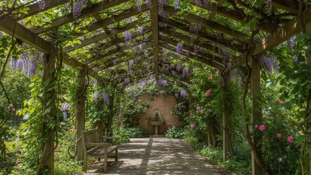 Corner Pergola with Climbing Plants for Natural Green Shade Effect