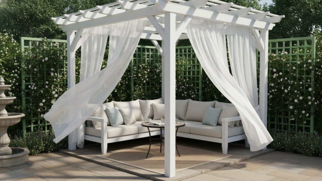 Corner Pergola with Curtains for Elegant and Private Outdoor Space