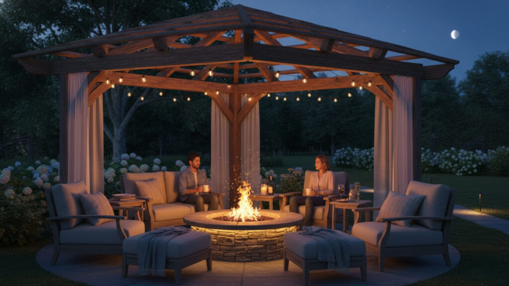 Corner Pergola with Fire Pit Seating for Cozy Outdoor Gathering