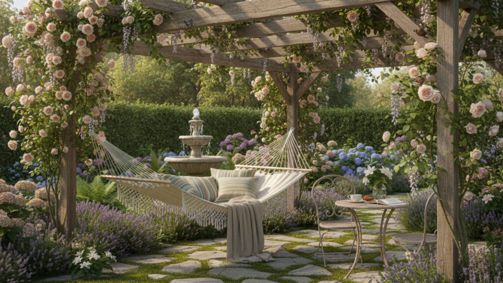 Corner Pergola with Hammock Seating for Relaxed Outdoor Comfort