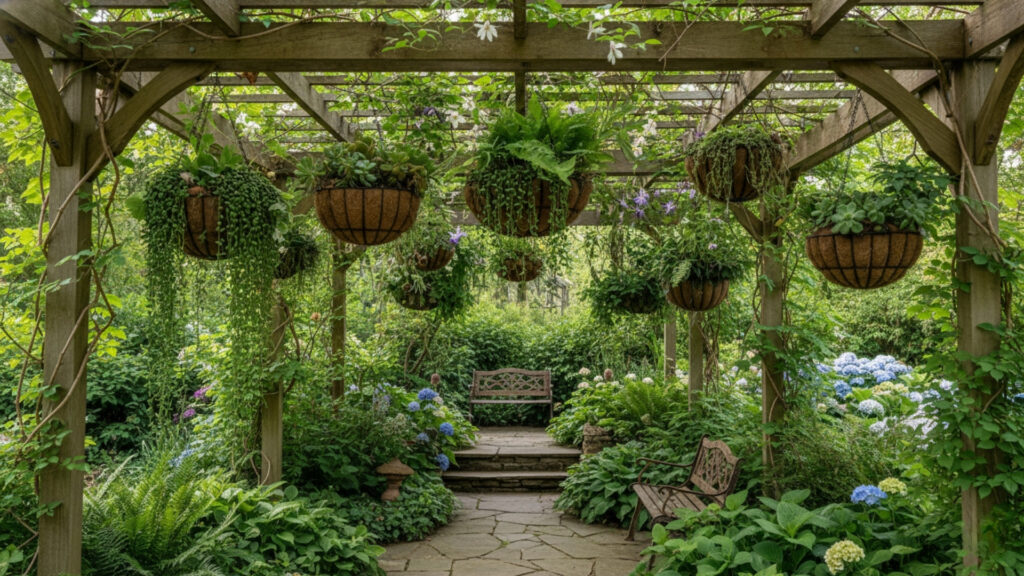 Corner Pergola with Hanging Plants for Fresh and Green Design