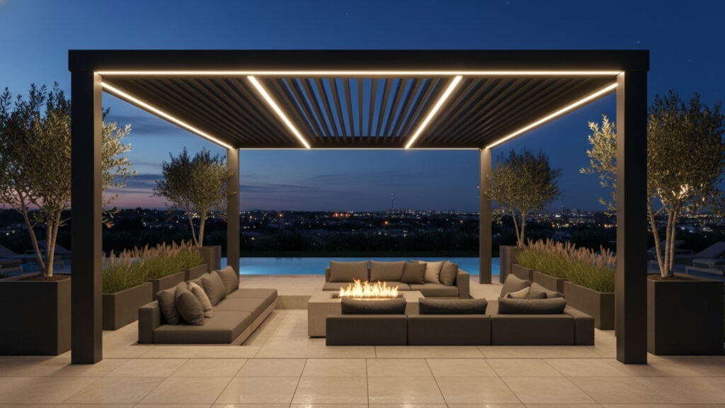 Corner Pergola with Swing Seating for Relaxing Outdoor Experience