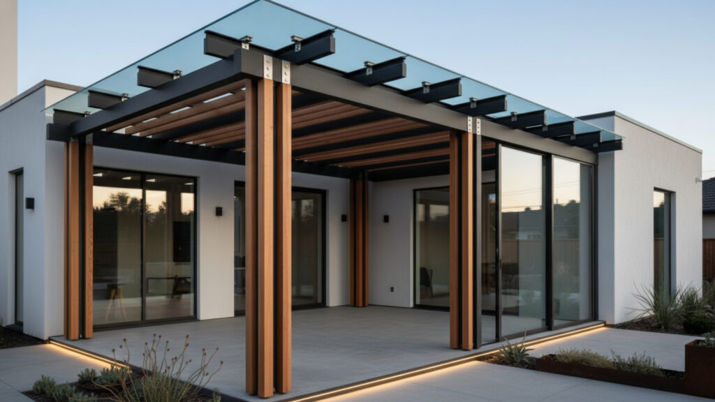 Corner Pergola with Mixed Material Design for Contemporary Style