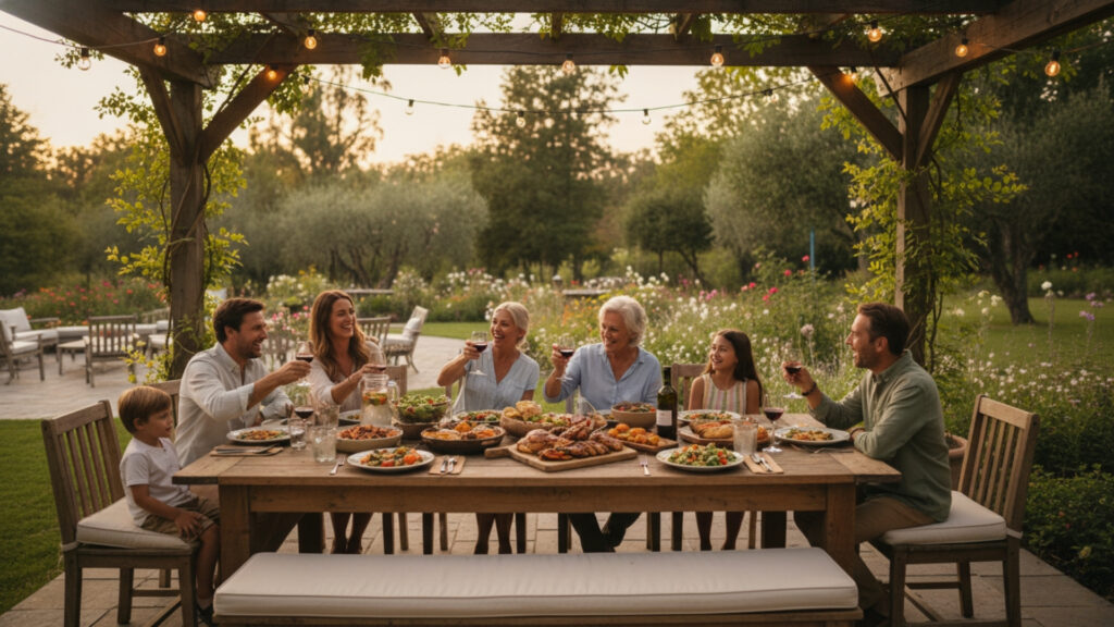 Corner Pergola with Outdoor Dining Setup for Functional Meal Space