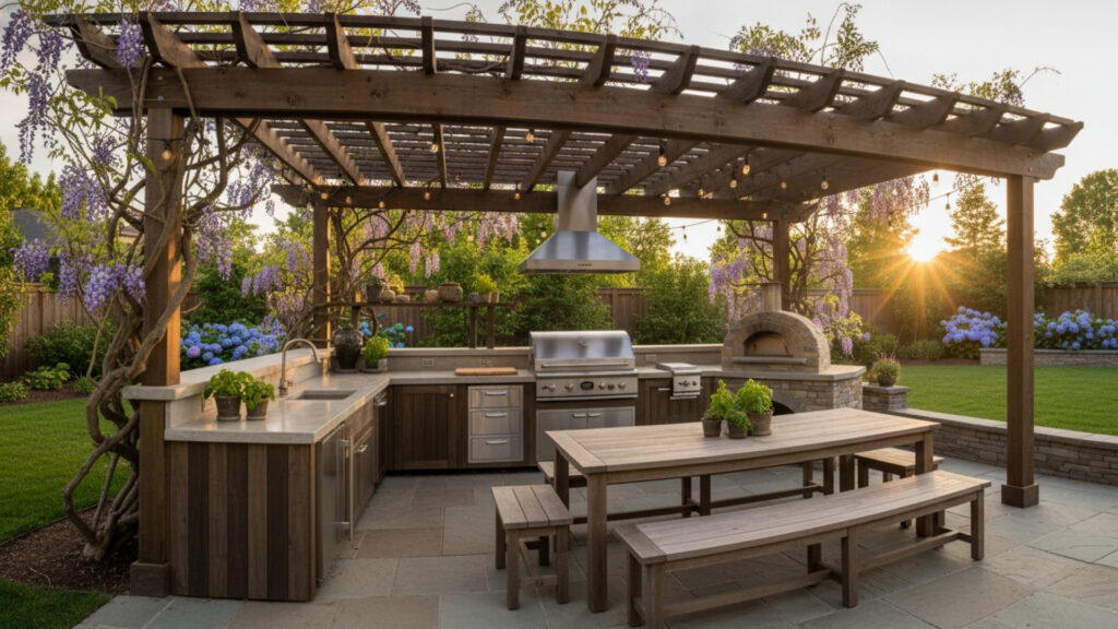 Corner Pergola with Outdoor Kitchen Setup for Functional Living Space