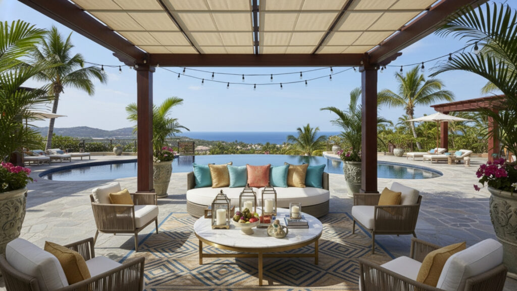 Corner Pergola with Outdoor Lounge Setup for Luxury Relaxation