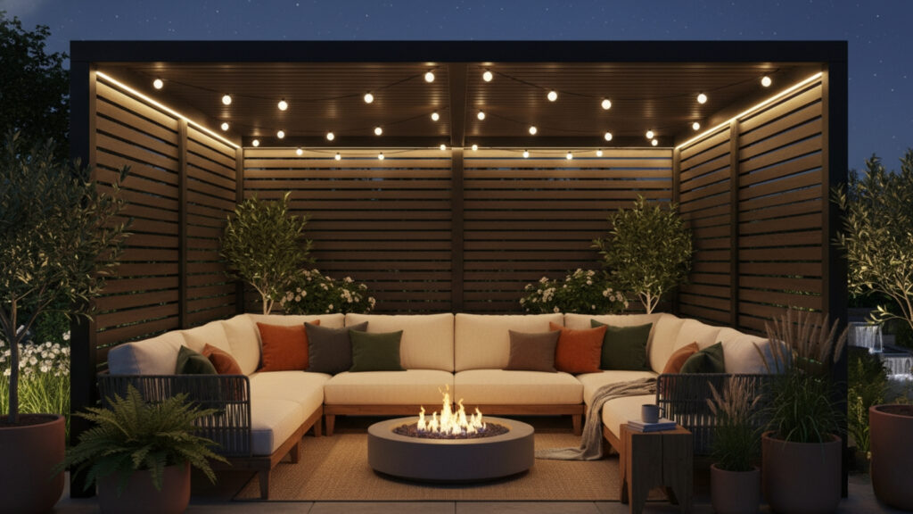 Corner Pergola with Privacy Screen for Secluded Outdoor Comfort