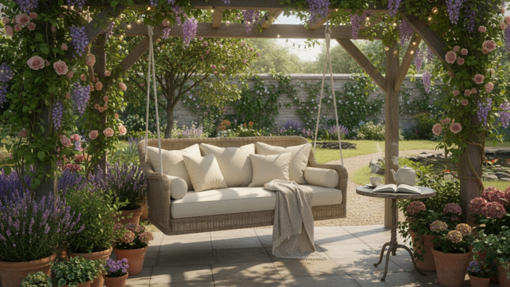 Corner Pergola with Seating Area for Comfortable Outdoor Relaxation