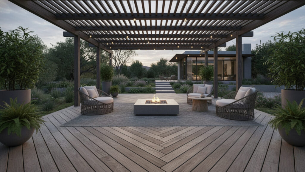 Corner Pergola with Wooden Deck Flooring for Stylish Base Design