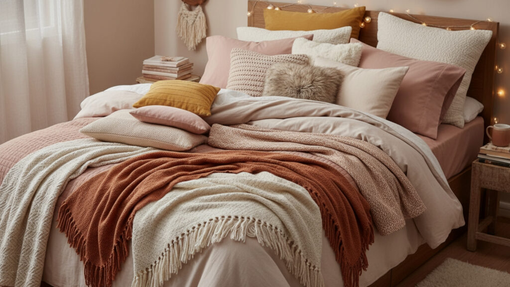 Cozy Bedding Layers with Throws and Pillows for Comfort Style