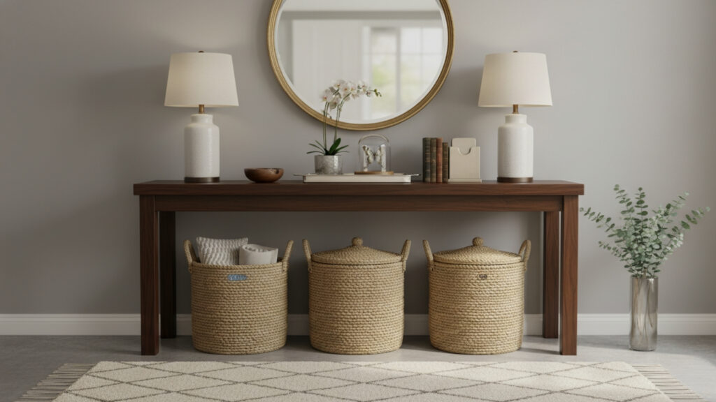 Entryway Table Storage Basket Ideas for Organized Decorative Function