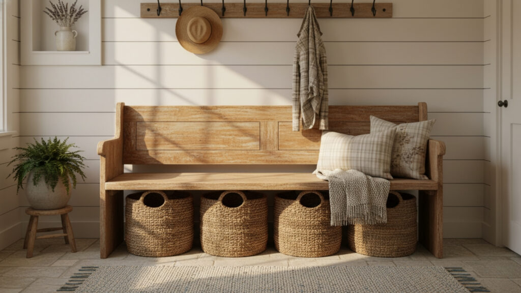 Farmhouse Mudroom Bench Ideas for Warm Rustic Entryway Style