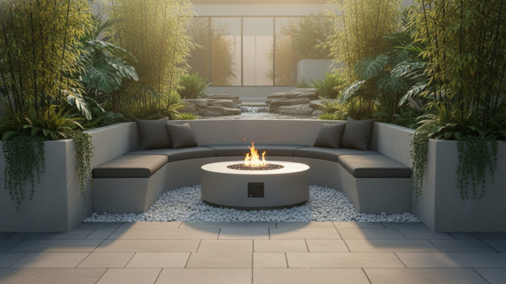 Fire Pit Seating with Built-in Planters for Green Luxury Design
