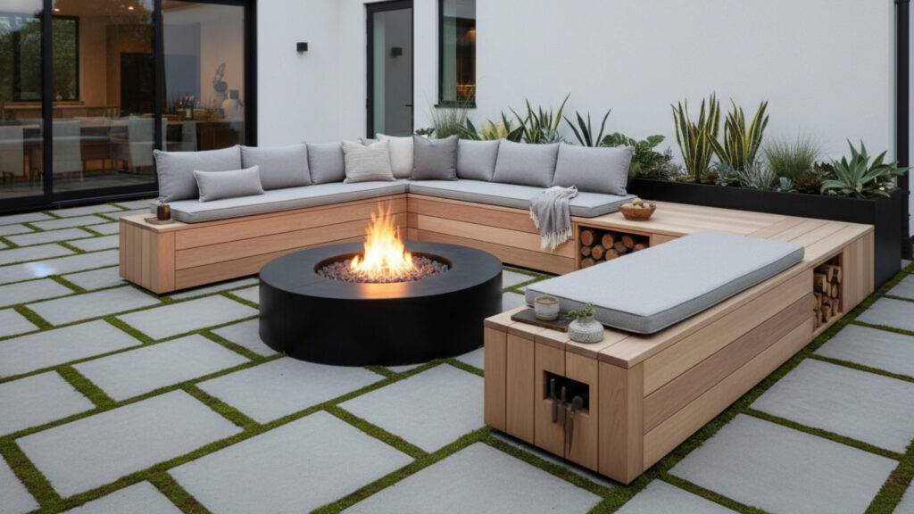 Fire Pit Seating with Built-in Storage Benches for Smart Design