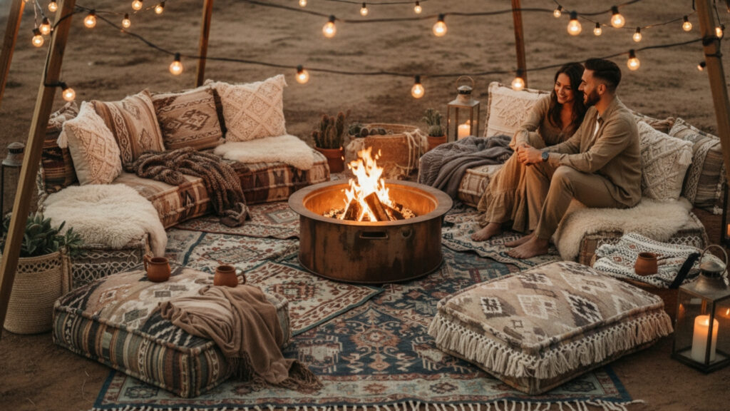 Fire Pit Seating with Circular Cushioned Floor Setup for Boho Style