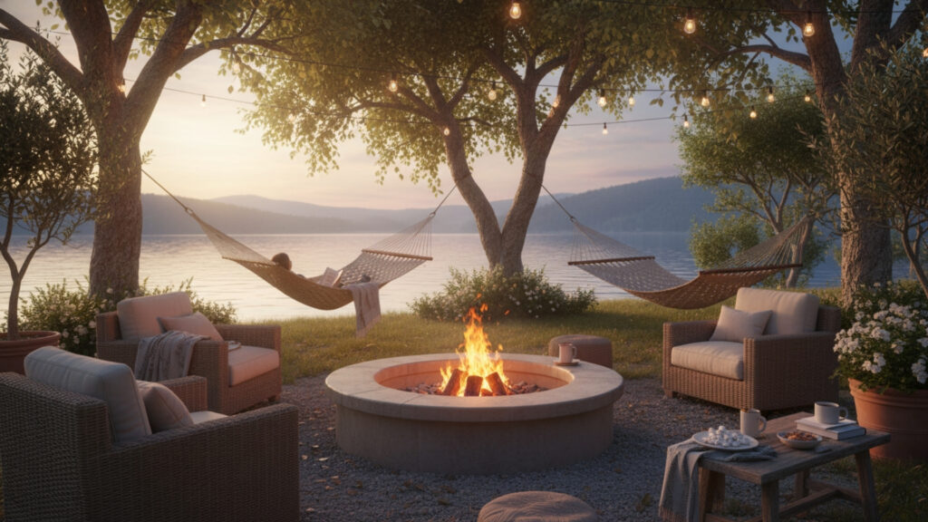 Fire Pit Seating with Hammock Lounge Setup for Relaxed Vibe Design