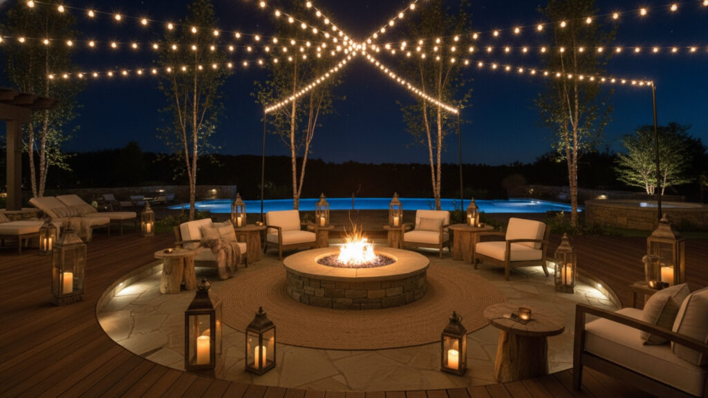 Fire Pit Seating with Layered Lighting Ambience for Perfect Night Mood