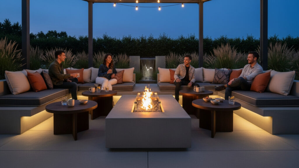 Fire Pit Seating with Low Lounge Tables for Social Gathering Setup