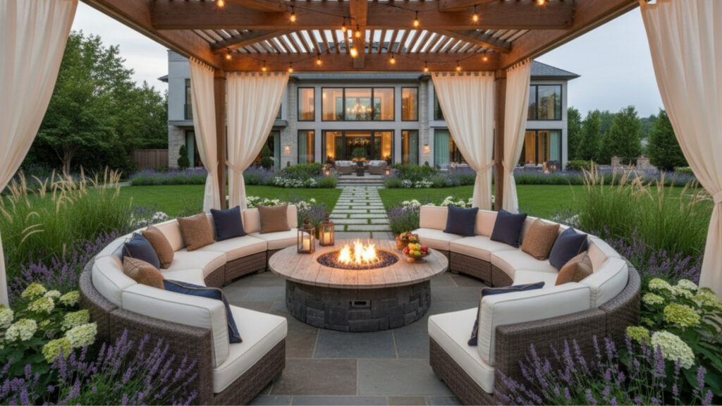 Fire Pit Seating with Pergola Cover for Structured Shade Comfort Zone