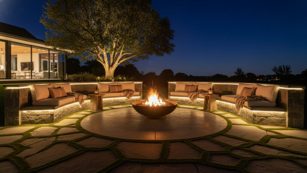 Fire Pit Seating with Rope Lights for Defined Cozy Glow Effect