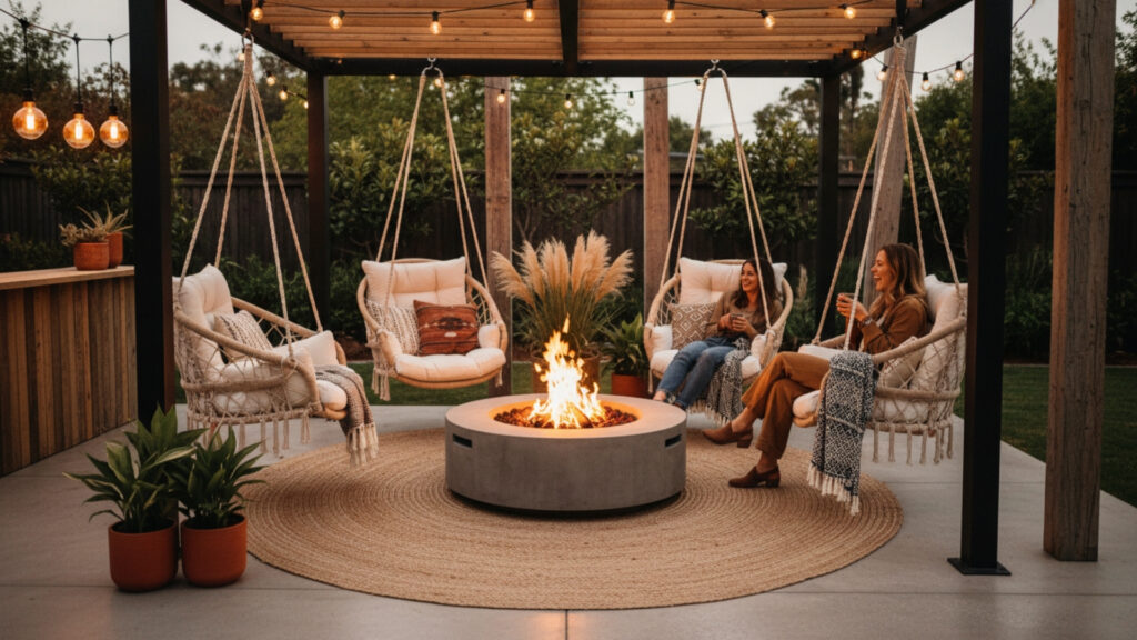 Fire Pit Seating with Swing Chairs for Fun Relaxed Atmosphere