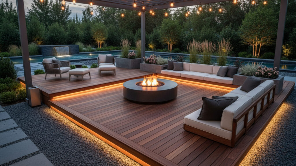 Fire Pit Seating with Wooden Deck Platforms for Elevated Comfort Zone