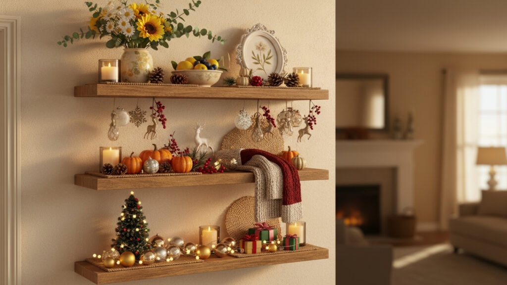 Floating Shelf Decor Featuring Seasonal Accents for Year-Round Style
