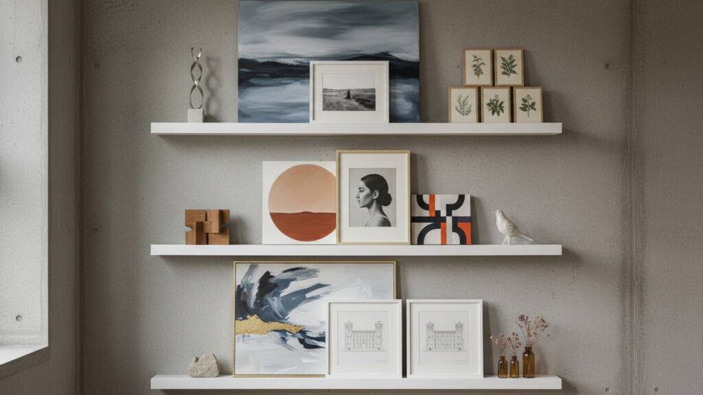 Floating Shelf Decor with Artwork for a Curated Gallery Display