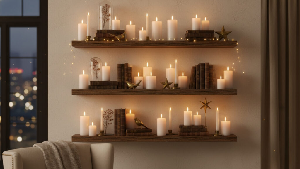 Floating Shelf Decor with Candles for Warmth and Ambiance